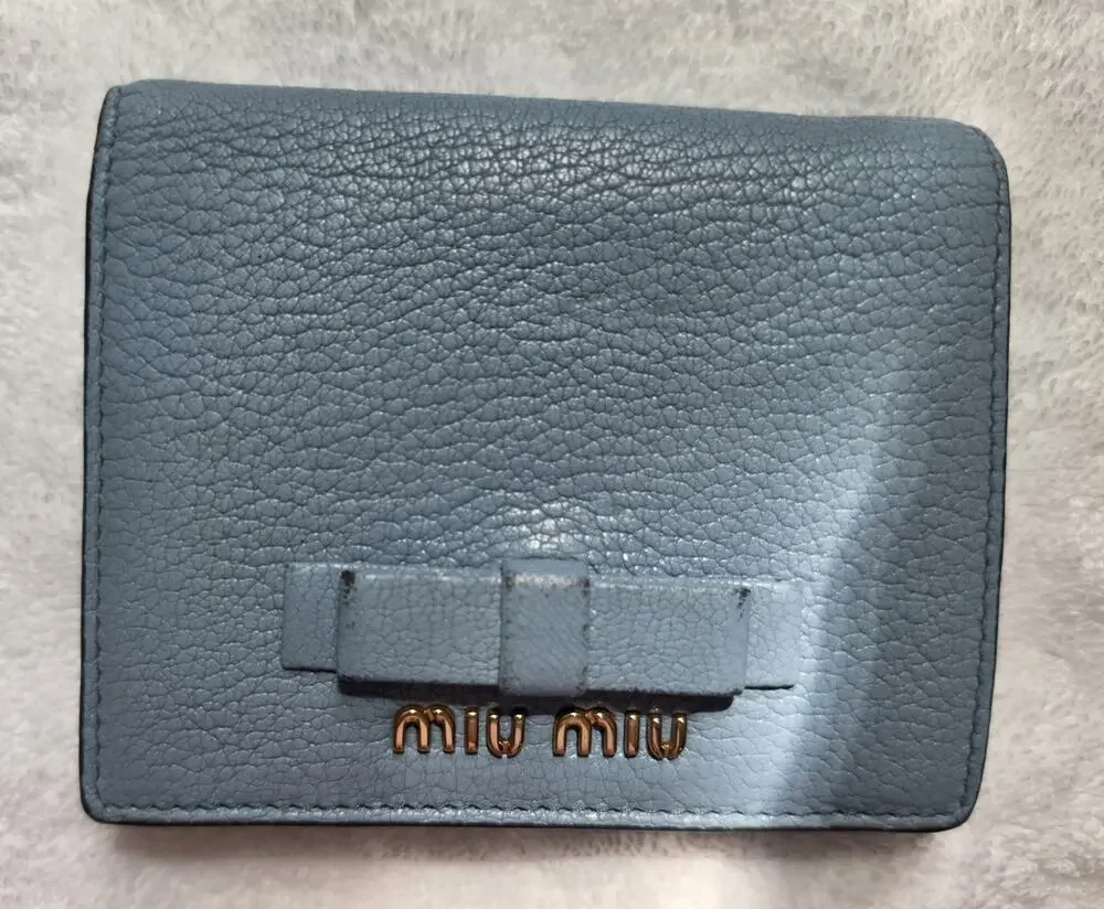 Miu Miu Women’s Blue Solid Bifold Wallet, Bow Logo, Snap Button w/COA